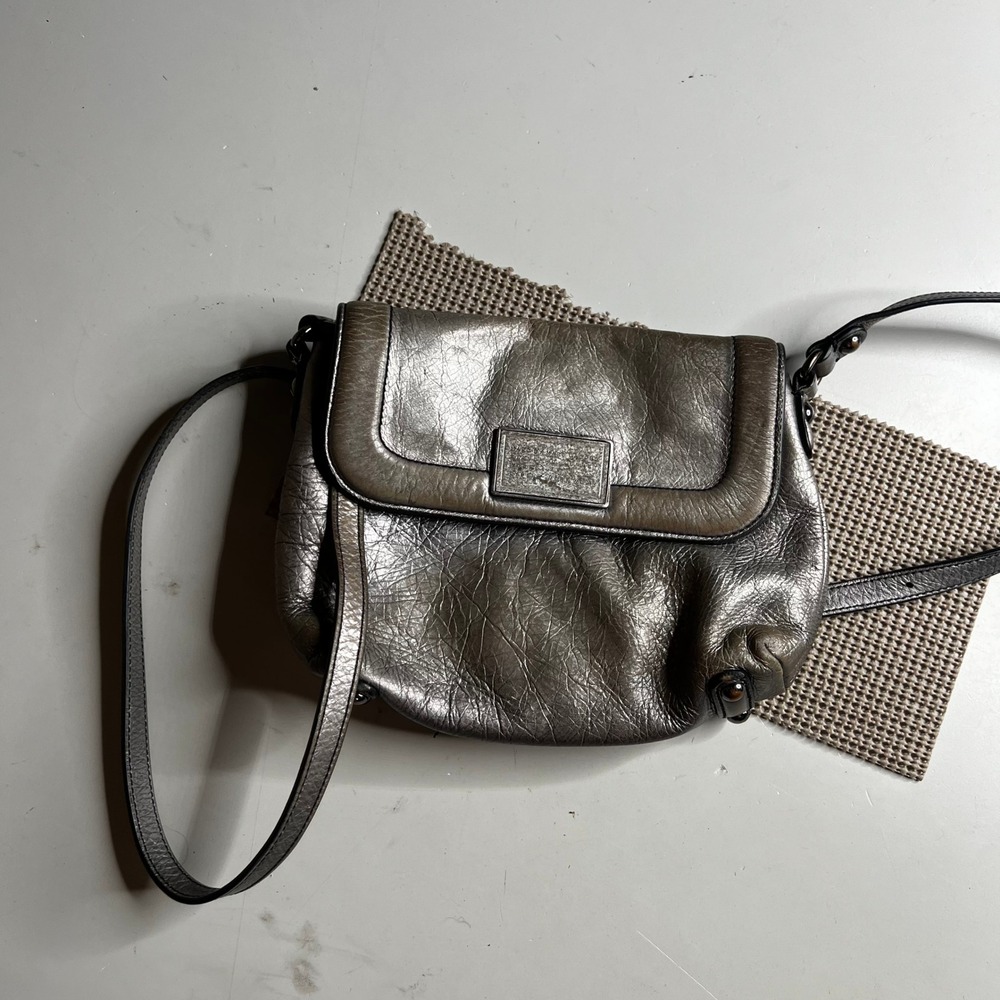 Marc by Marc Jacobs Metallic Pewter Leather Crossbody Bag Logo Plaque Bronze